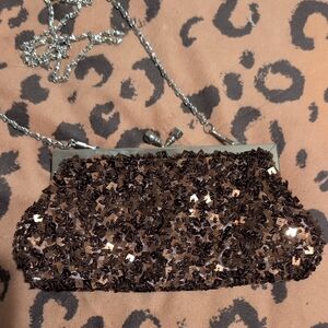 Passport Brown Sequin Evening Clutch with Silver Chain